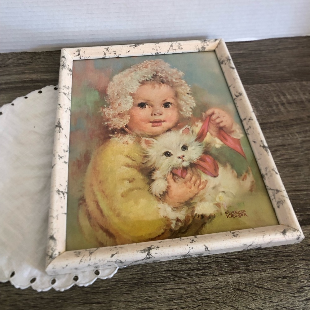 Vtg Girl with Kitten Framed Print